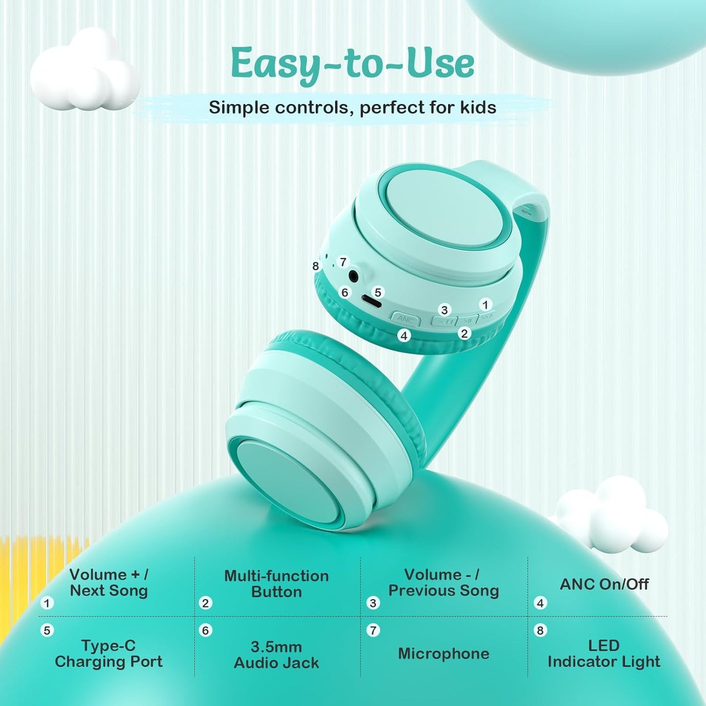 Active Noise Cancelling Headphones for Kids, 60H Playtime, Wireless Bluetooth Over-Ear Headset Built-in Microphone for Home/School/Travel/Party - Includes Portable Case