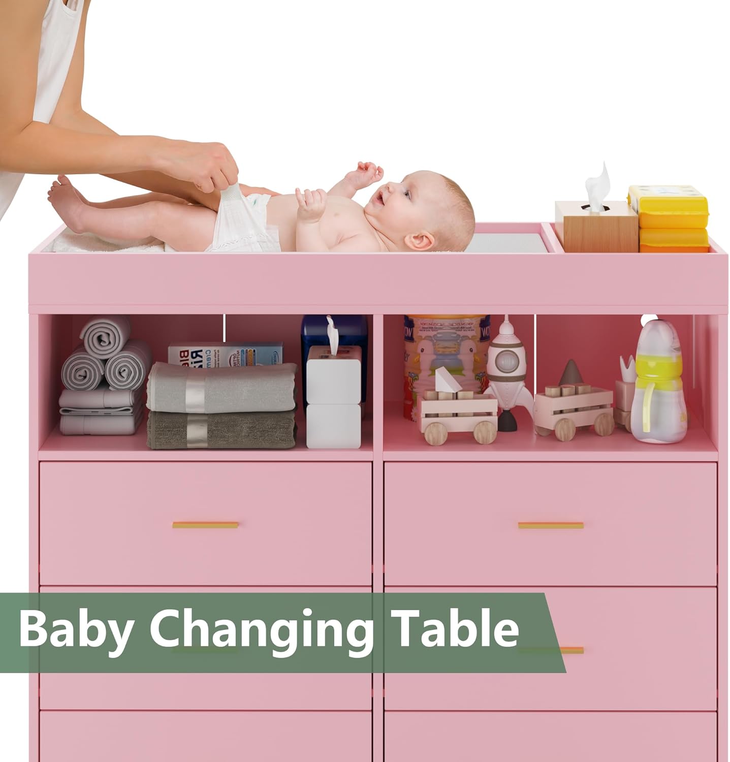 GarveeHome Dresser for Bedroom with 6 Drawers, Baby Changing Table Dresser with Changing Pad, LED Lights & Charging Station, Baby Changing Station with Changing Table Top, Pink