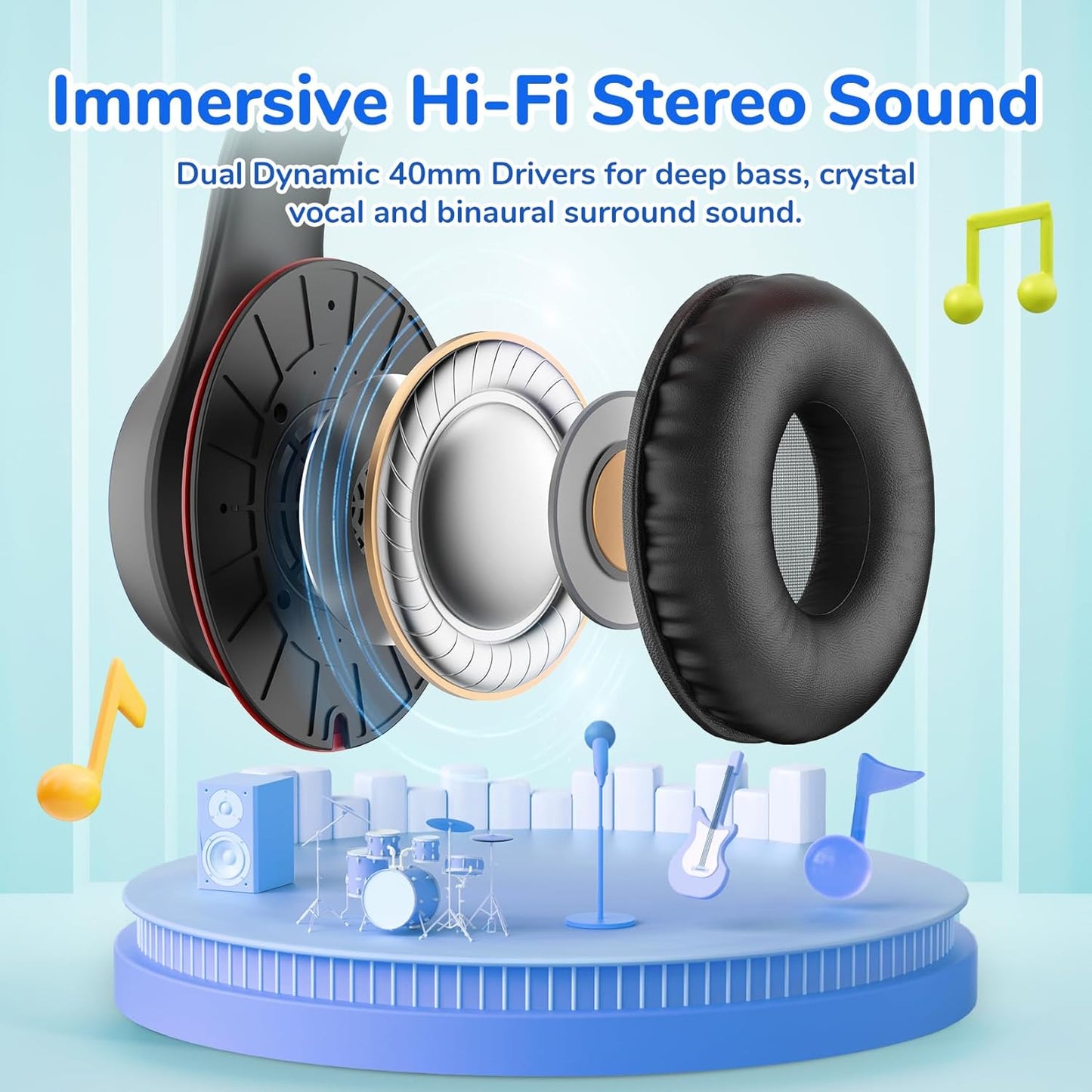 EarFun K3 Kids Headphones, Over Ear Headphones with Microphones, 85/94dB Volume Limit, HD Stereo Sound with LED Light, USB-C Cable, Foldable Wired Headphones for School/Boys/Girls/Tablet, Black