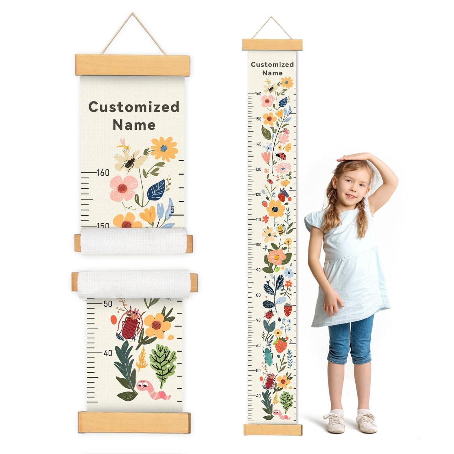 Personalized Name Growth Chart for Kids, Flower Canvas Height Chart Ruler Removable Hanging Wall Ruler Measurement Chart for Home Decoration, Waterproof Measuring Board, Foldable