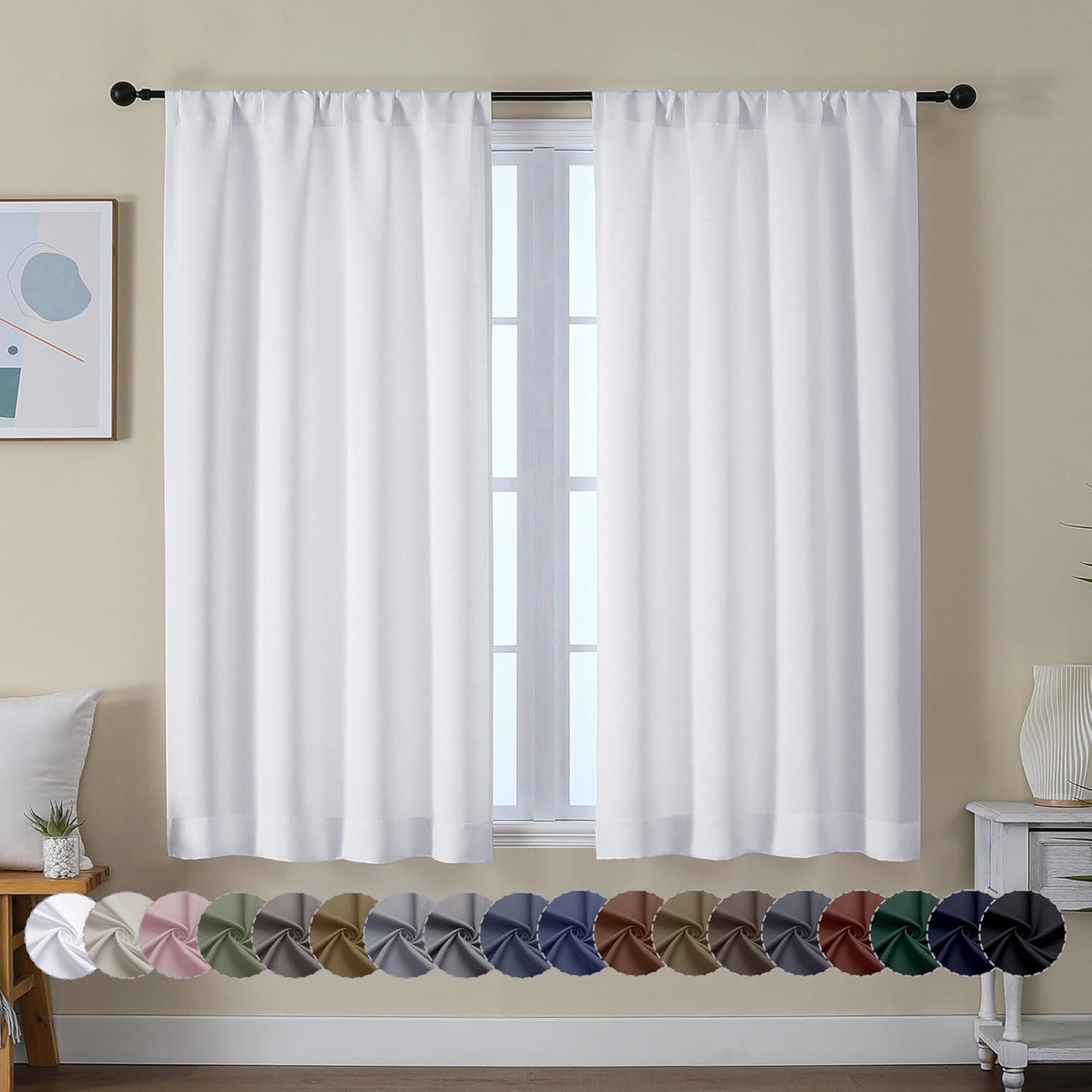 Simplebrand Ava Pure White Curtains for Bedroom 45 Inches Long 2 Panels Set, Light Filtering Window Treatment, Short Curtain Drapes, Soft Touching Casual Rod Pocket Privacy Curtains, W40 x L45 Inch