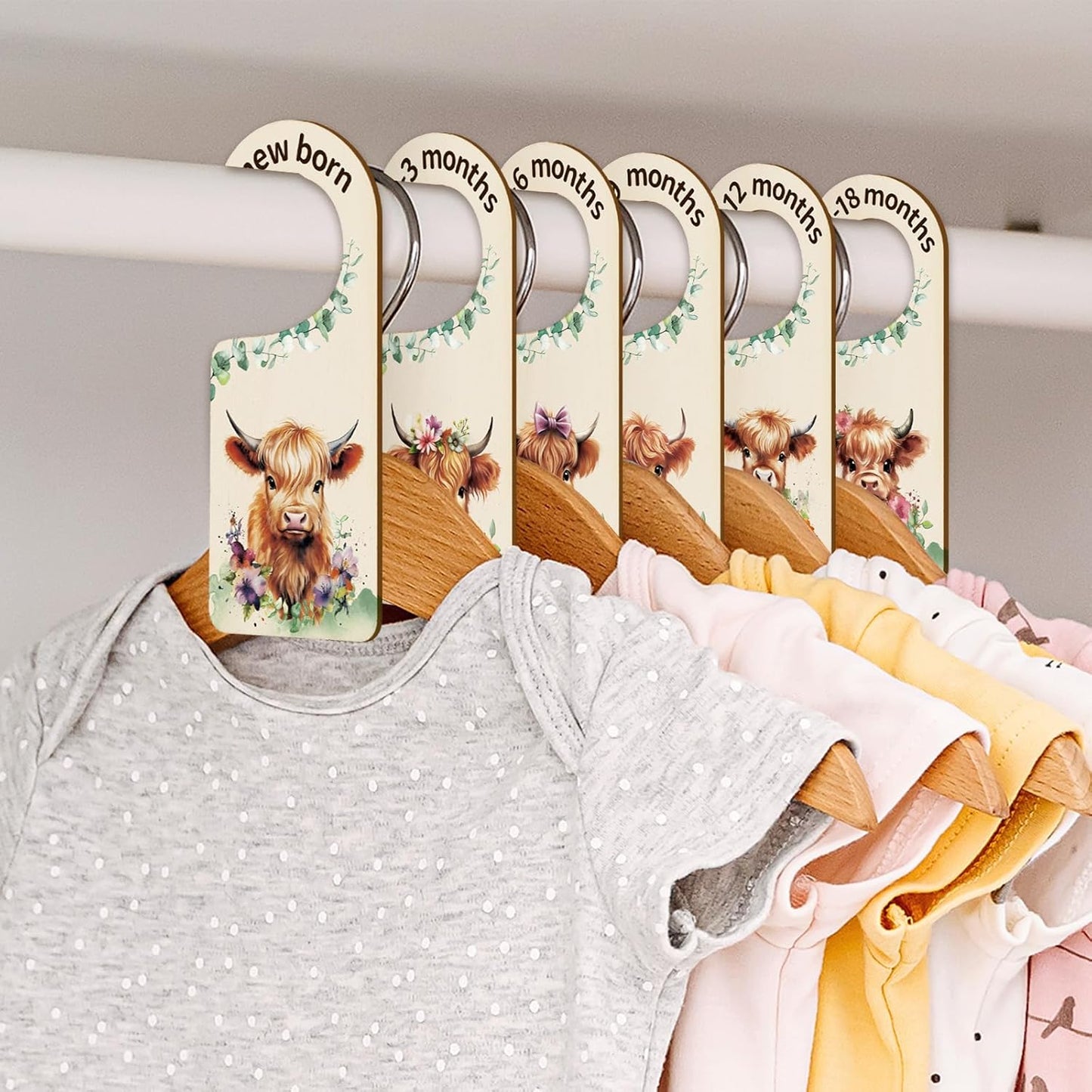 Whaline 8Pcs Baby Closet Size Dividers Watercolor Highland Cow Hanging Wood Baby Closet Organizer Newborn to 24 Months Thicken Baby Wardrobe Organizer