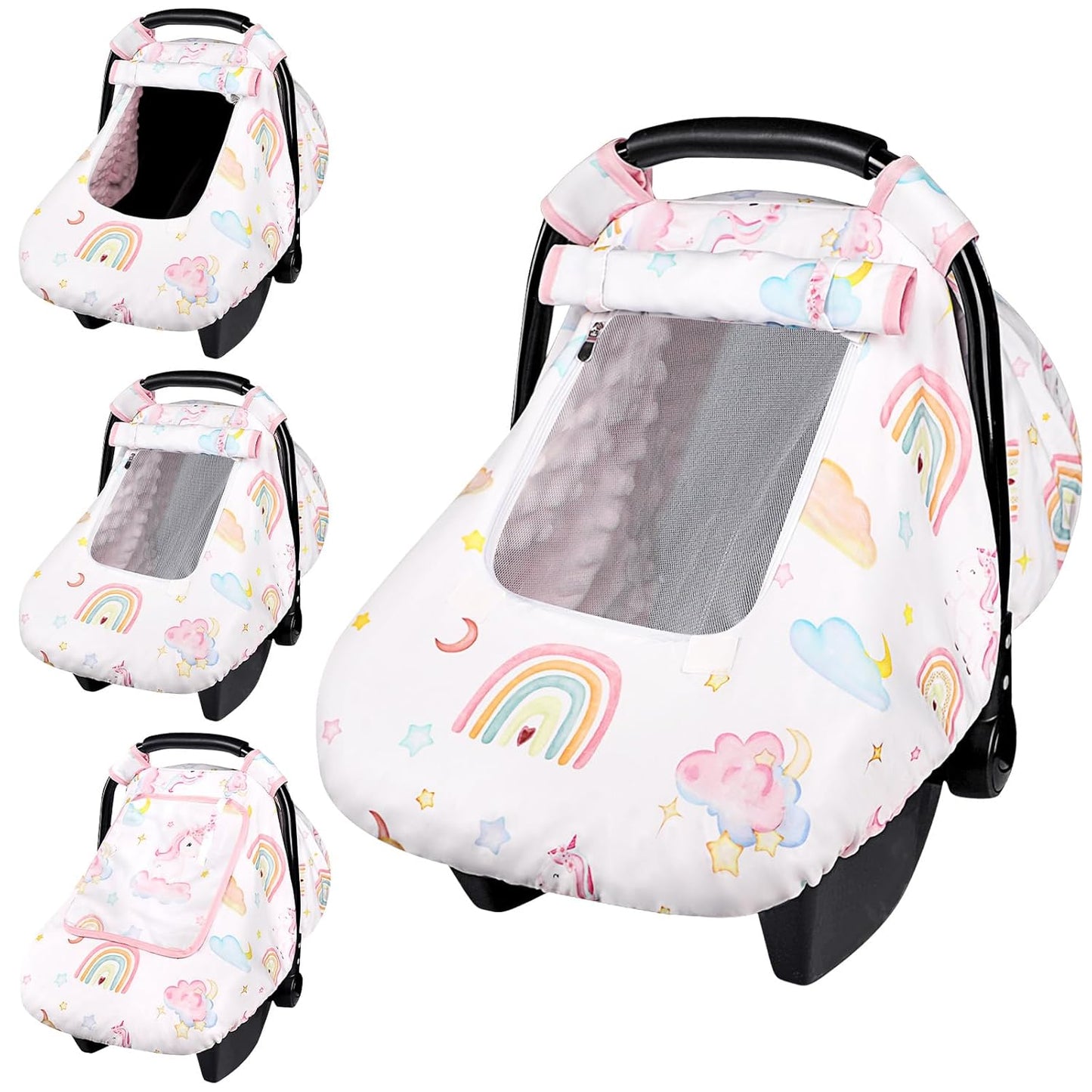 Baby Carseat Cover Girls, Pea Pod Unicorn Infant Car Seat Covers Canopy for Newborn with 2 Layers Windows of Breathable Mesh/Fabric, Lightweight Polyester/Minky Dot Backing, Snug Fit
