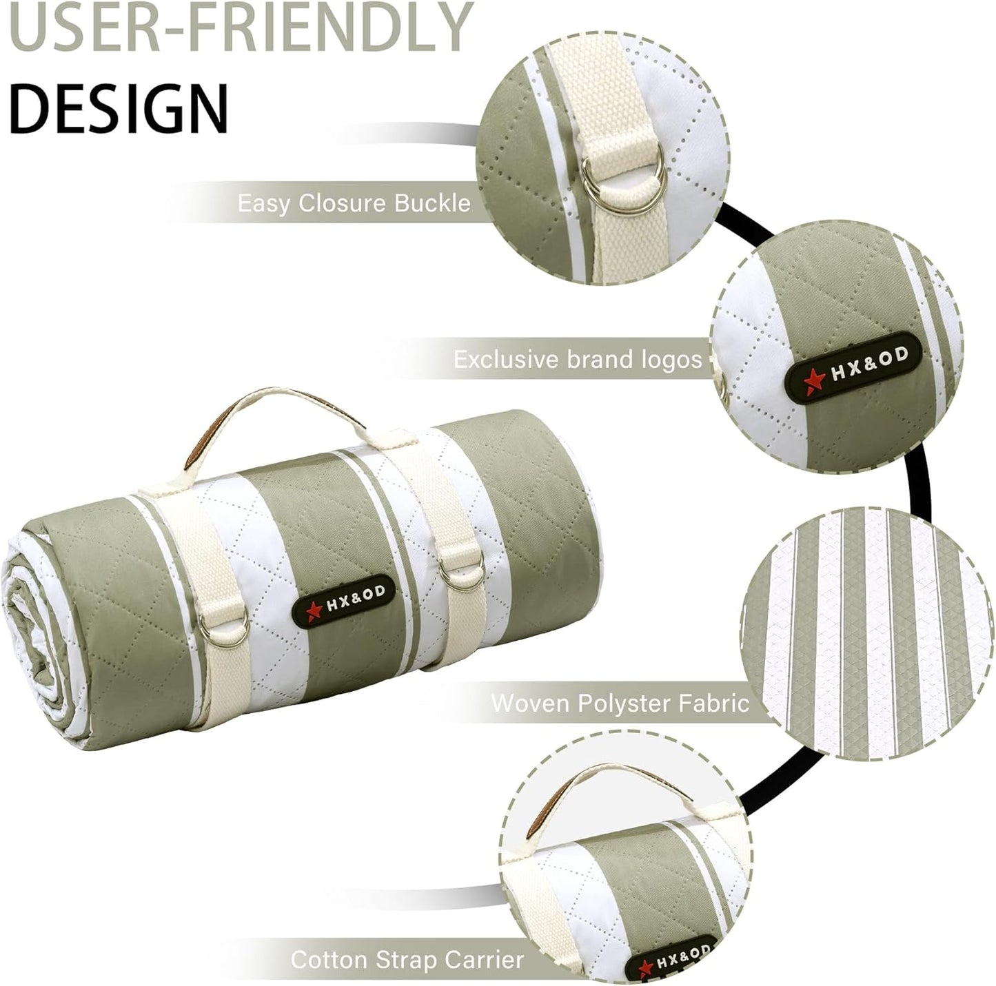 HX&OD Outdoor Picnic Blanket Extra Large, 80''*60'' Waterproof Picnic Mat with Stakes Foldable Camping Blanket Portable with Carry Strap for Beach Mat (Green& White, 80''*60'')