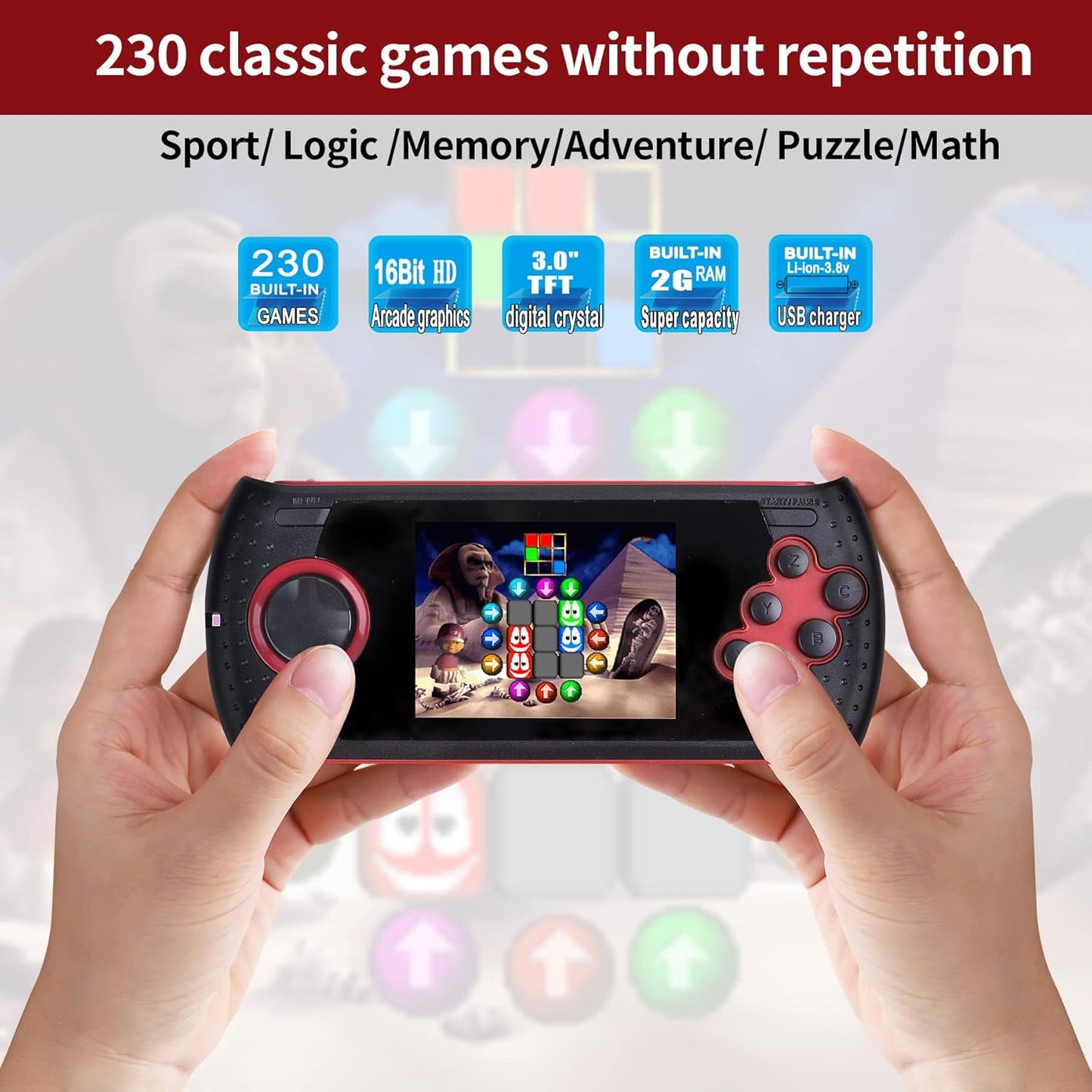 16 Bit Handheld Game for Kids Built-in 230 HD Classic Retro Video Games USB Rechargeable 3.0 Inch Childrens Travel Electronics Toys Portable Gaming Player System Gift for Boys Girls Ages 4-8-12