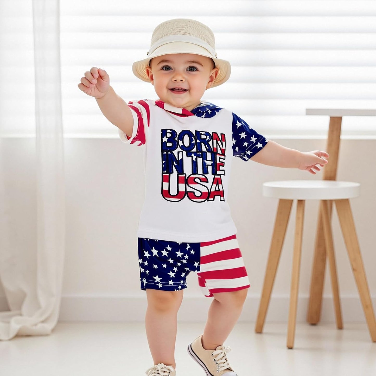 Toddler Baby Boy Summer Hooded Outfit Contrast Color Short Sleeve T Shirt Top Elastic Shorts Summer Clothes Set
