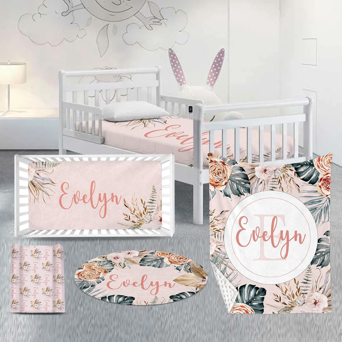Custom Nursery Crib Bedding Set: 4 Piec Bohemian Flowers Baby Crib Sets for Girls with Personalized Name - Toddler Double Layer Blanket Set, Comfortable Crib Bed Sheets for Baby Toddlers