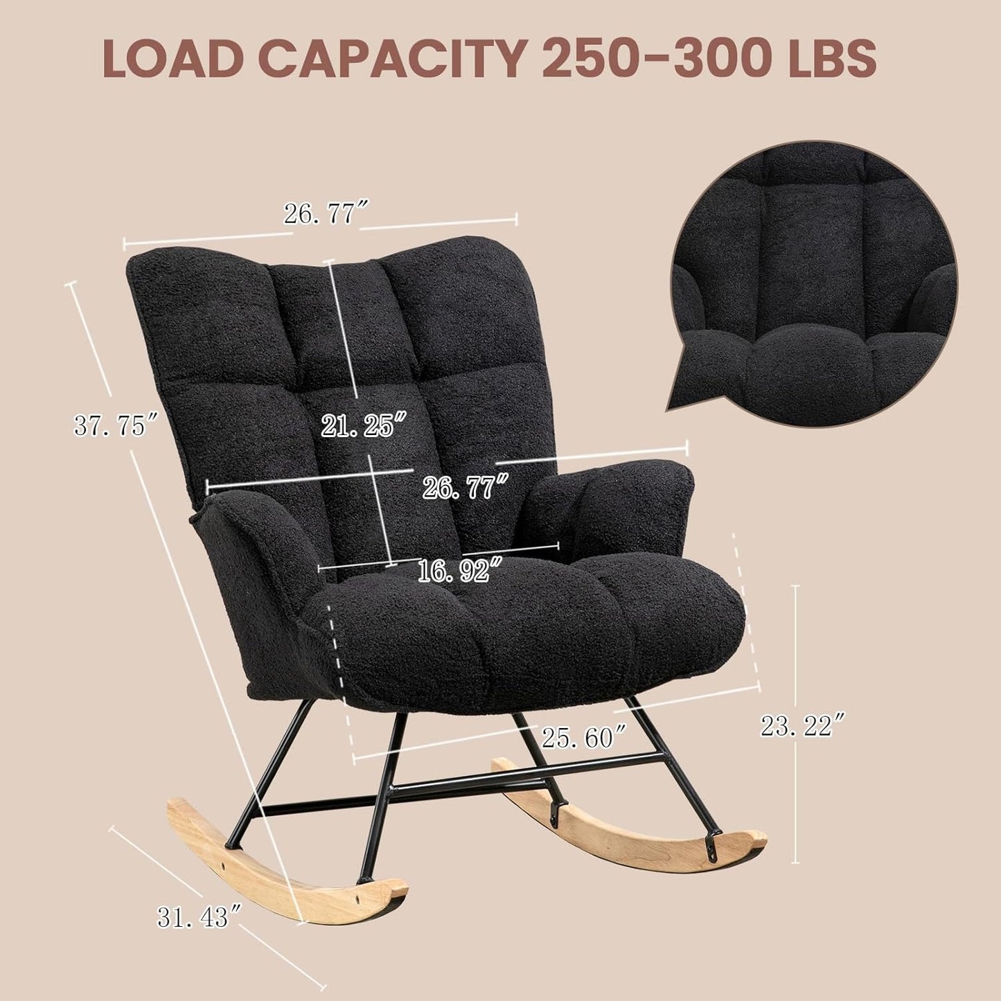 Rocking Chair Nursery Teddy Upholstered Glider Rocker Rocking Accent Chair Padded Seat with High Backrest Armchair Comfy Side Chair for Living Room Bedroom Offices (Black Teddy)