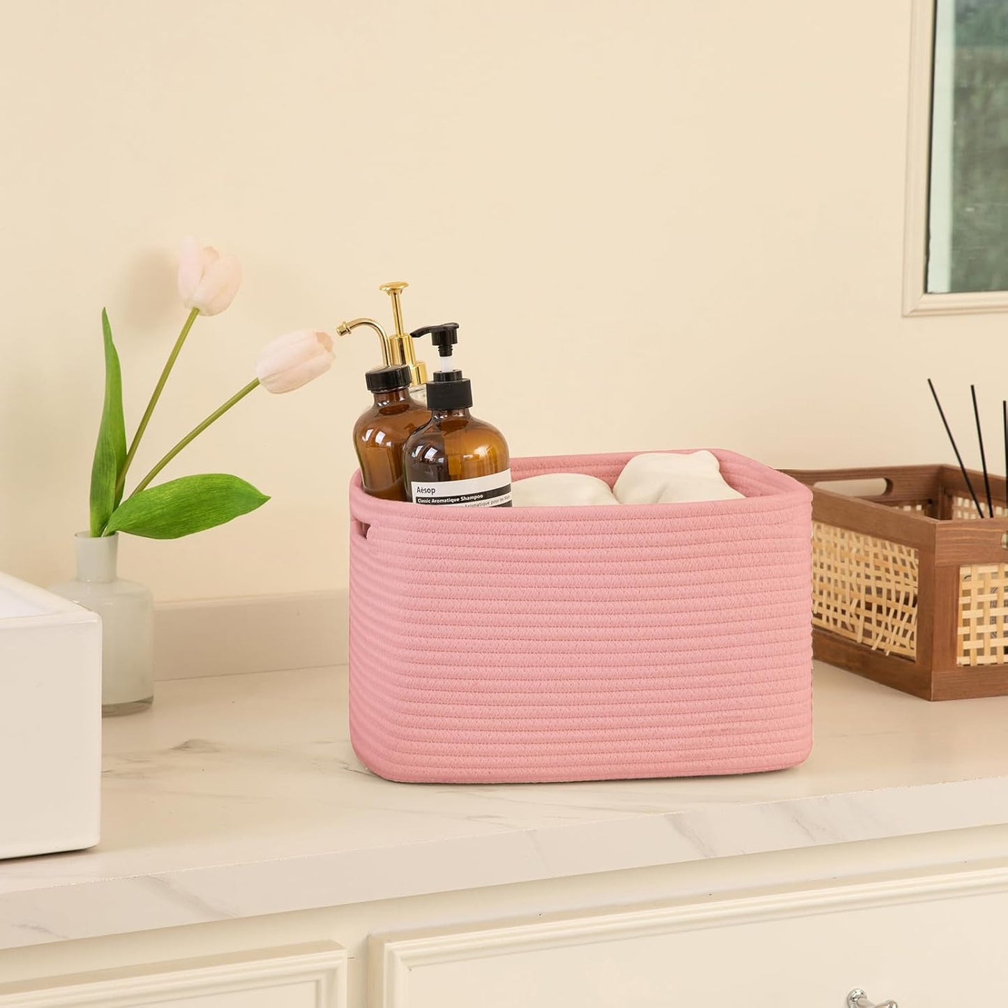 OIAHOMY 4 Pack Storage Baskets for Organizing, Cube Storage Bins for Shelves, Rectangle Storage Baskets With Handles, Woven Baskets for Storage, 12.7''Lx9''Wx7.8''H, Pink