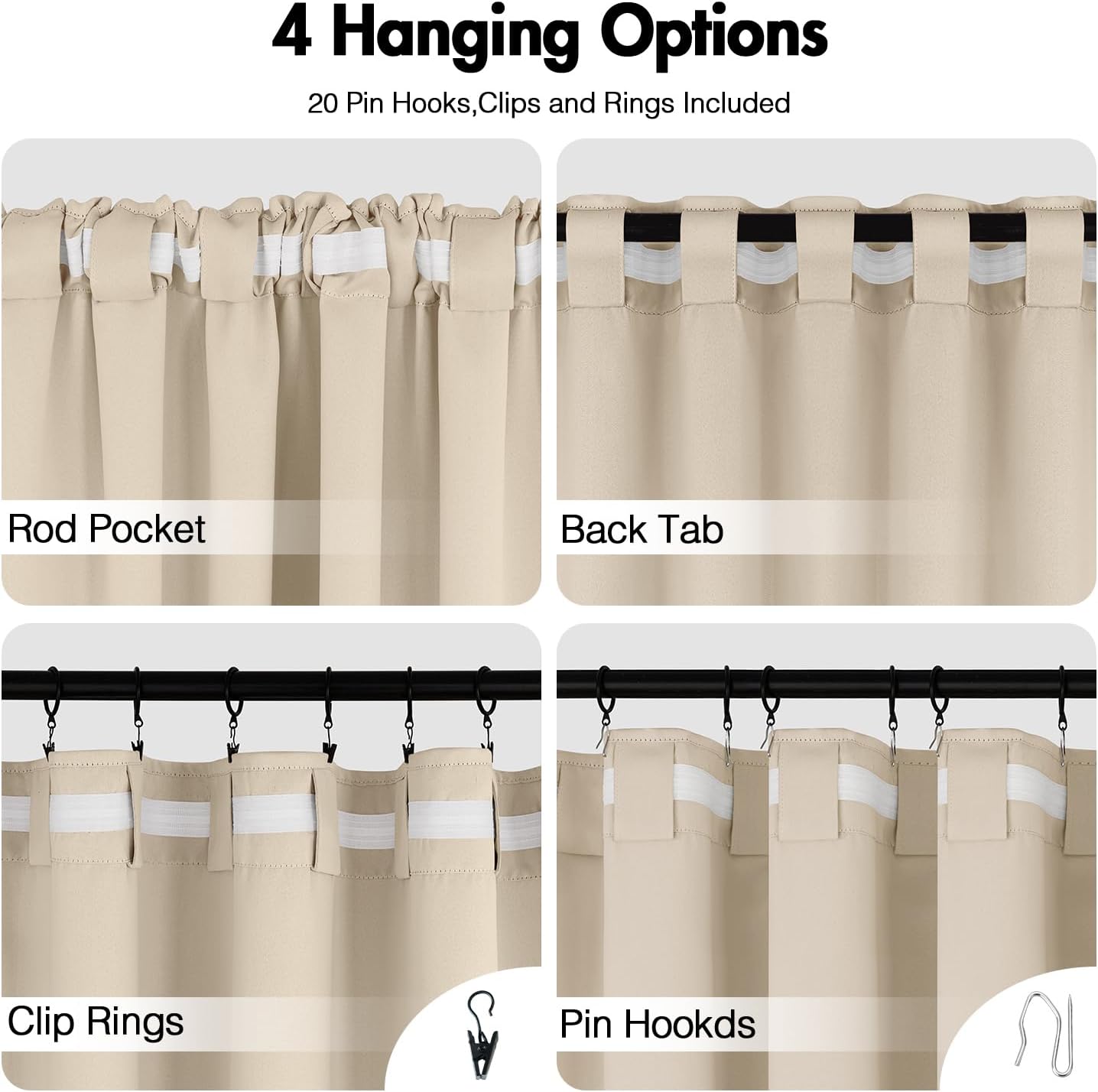 ANRODUO Back Tab Blackout Curtains for Bedroom Living Room, Rod Pocket Pinch Pleated Thermal Insulated Room Darkening Curtains 96 Inches Long 2 Panels, Cream Beige, 42 x 96 Inch