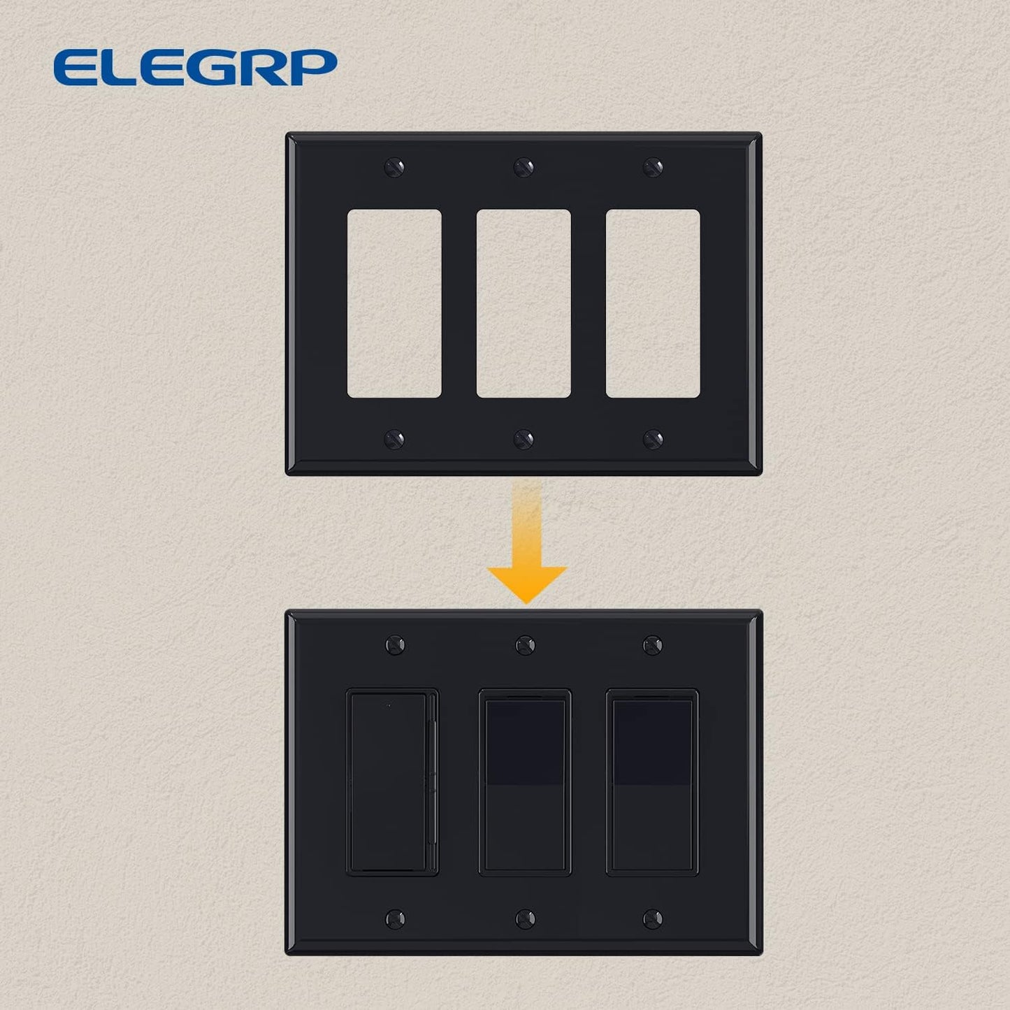 ELEGRP 3-Gang Decorative Wall Plates, Mid-Size 4.88" H x 6.75" L Unbreakable Thermoplastic Faceplate Cover for Decorator Receptacle Outlet Switch, UL Listed (5 Pack, Glossy Black)
