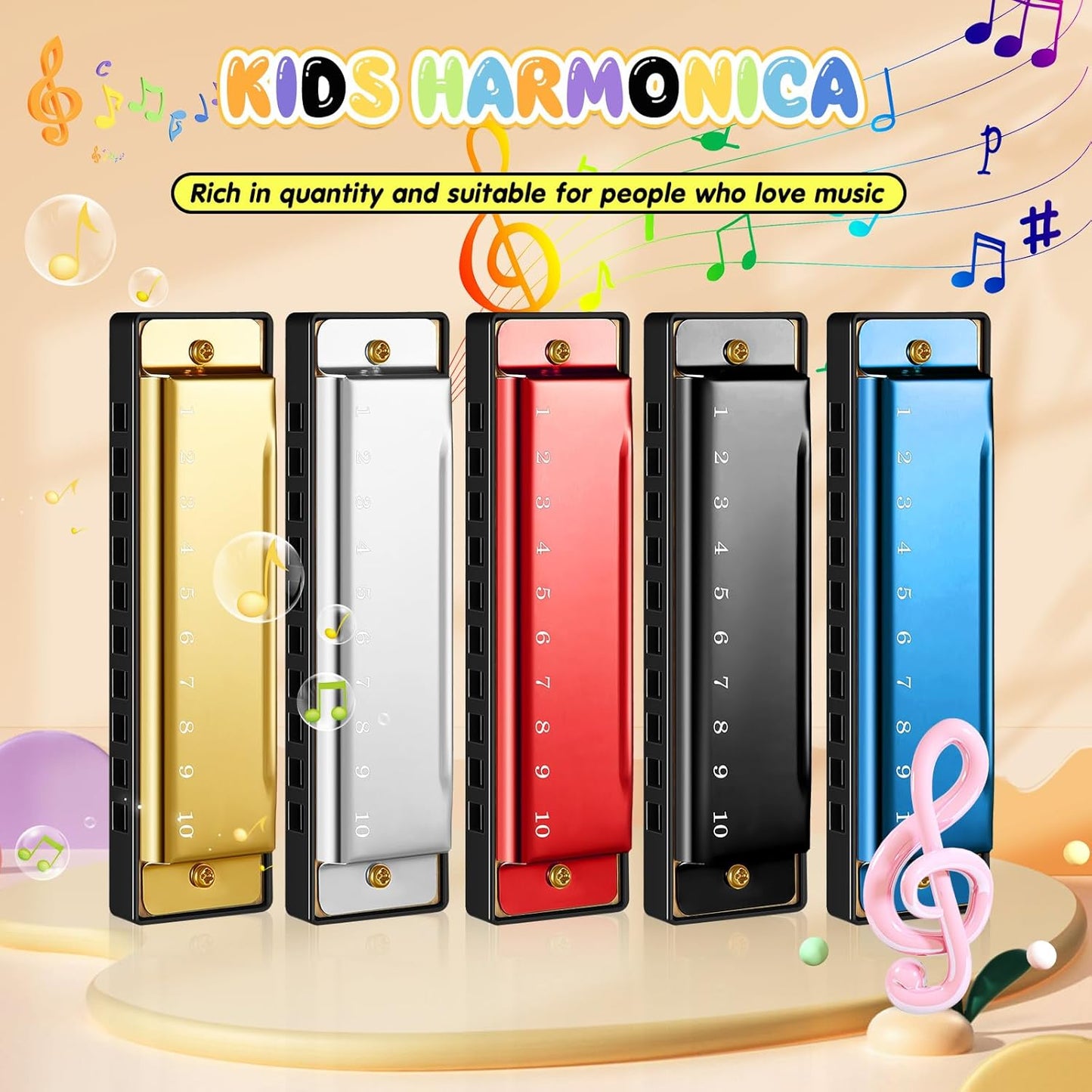 Liliful 10 Pcs 10 Hole Metal Kids Harmonica with Number Holes Musical Enlightenment Toys 5 Colors Educational Harmonica Instrument Charity Party Birthday Christmas Gifts for Girls Boys Adult Beginners