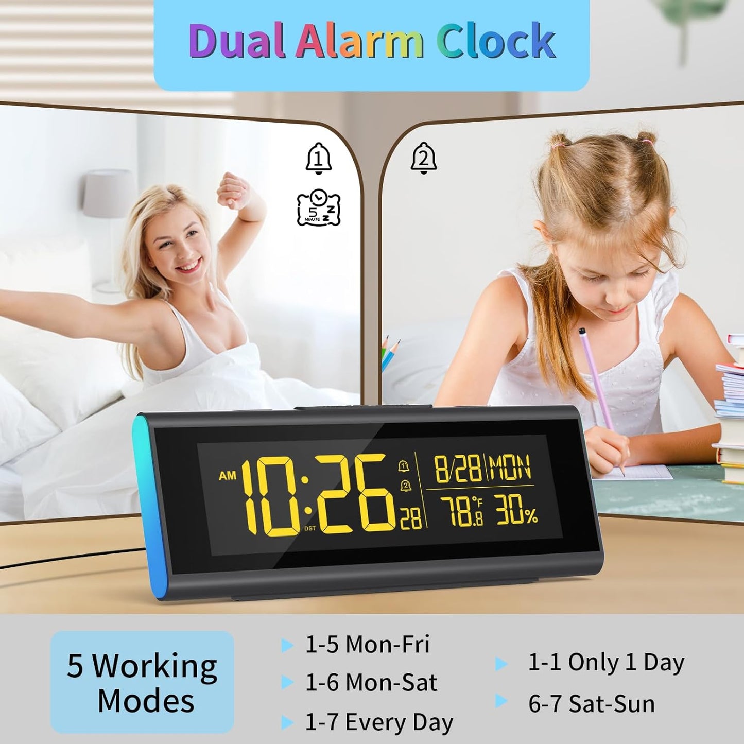 Digital Alarm Clocks for Bedrooms, LED Desk Clock with RGB Night Light, Brightness Dimmer, Date, Week, Temperature Large Display, Modern Decor for Desk, Office, Gift for Kids, Teen, Adults (Black)