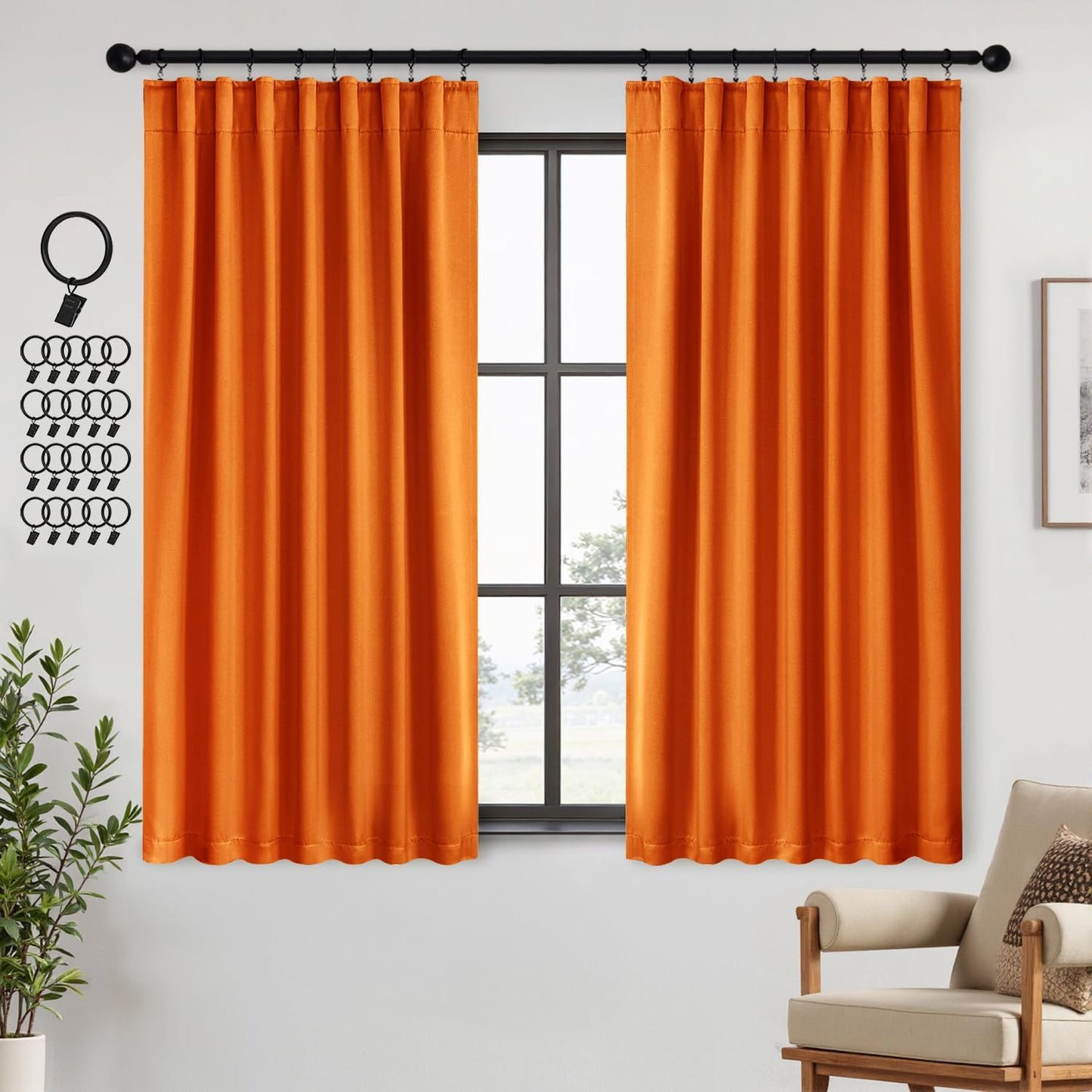 ANRODUO Back Tab Blackout Curtains for Bedroom Living Room, Rod Pocket Pinch Pleated Thermal Insulated Room Darkening Curtains 54 Inches Long 2 Panels, Orange, 42 x 54 Inch