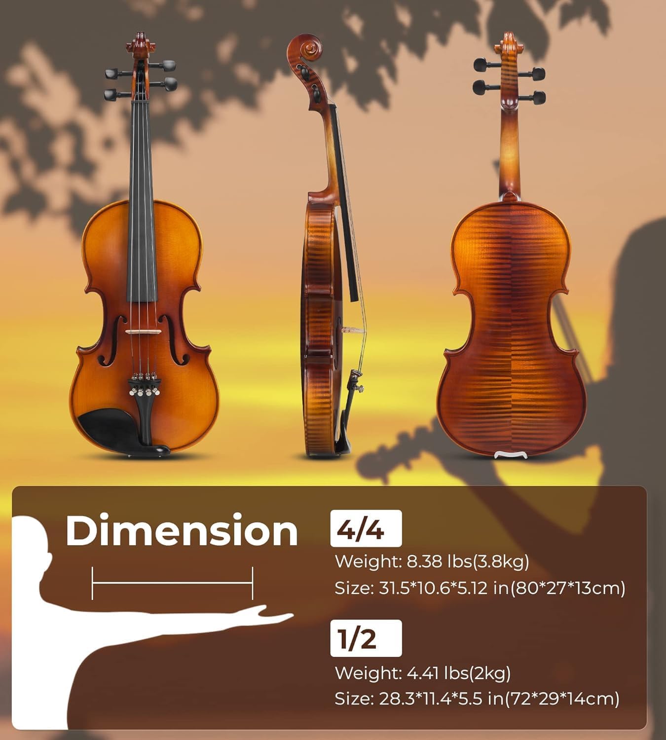 Violin Acoustic Fiddle Kit Professional Solid Wood Violin Unique Maple Wood Pattern Premium Ebony Fitting Starter Kit for Beginner Adults, Full Size By Vangoa