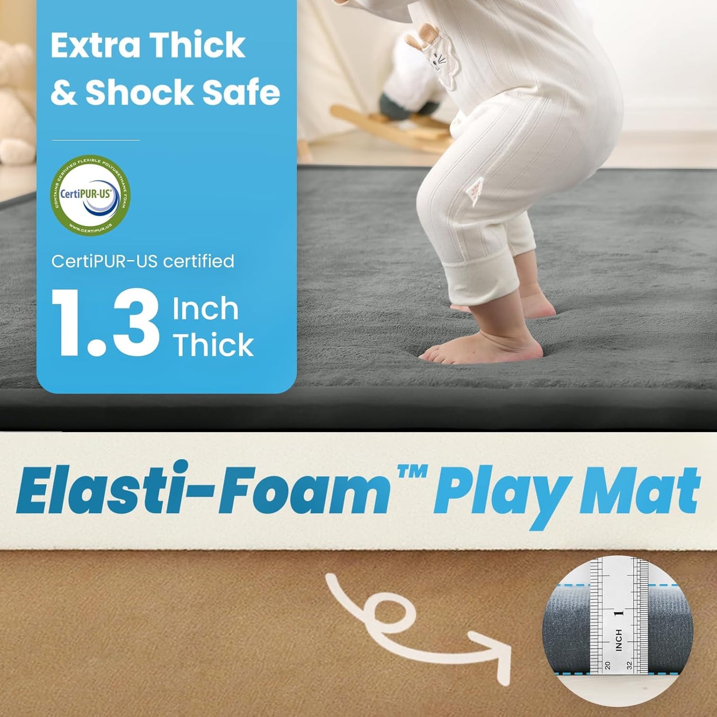 Ultra Soft Baby Play Mat,1.3" Thick Elasti-Foam 59"×71" Playpen Mat for Infants,Toddlers,Kids,Water-Repellent Coral Fleece Nursery Rug,Non-Slip Safe for Tummy Time&Crawling(Dark Grey)