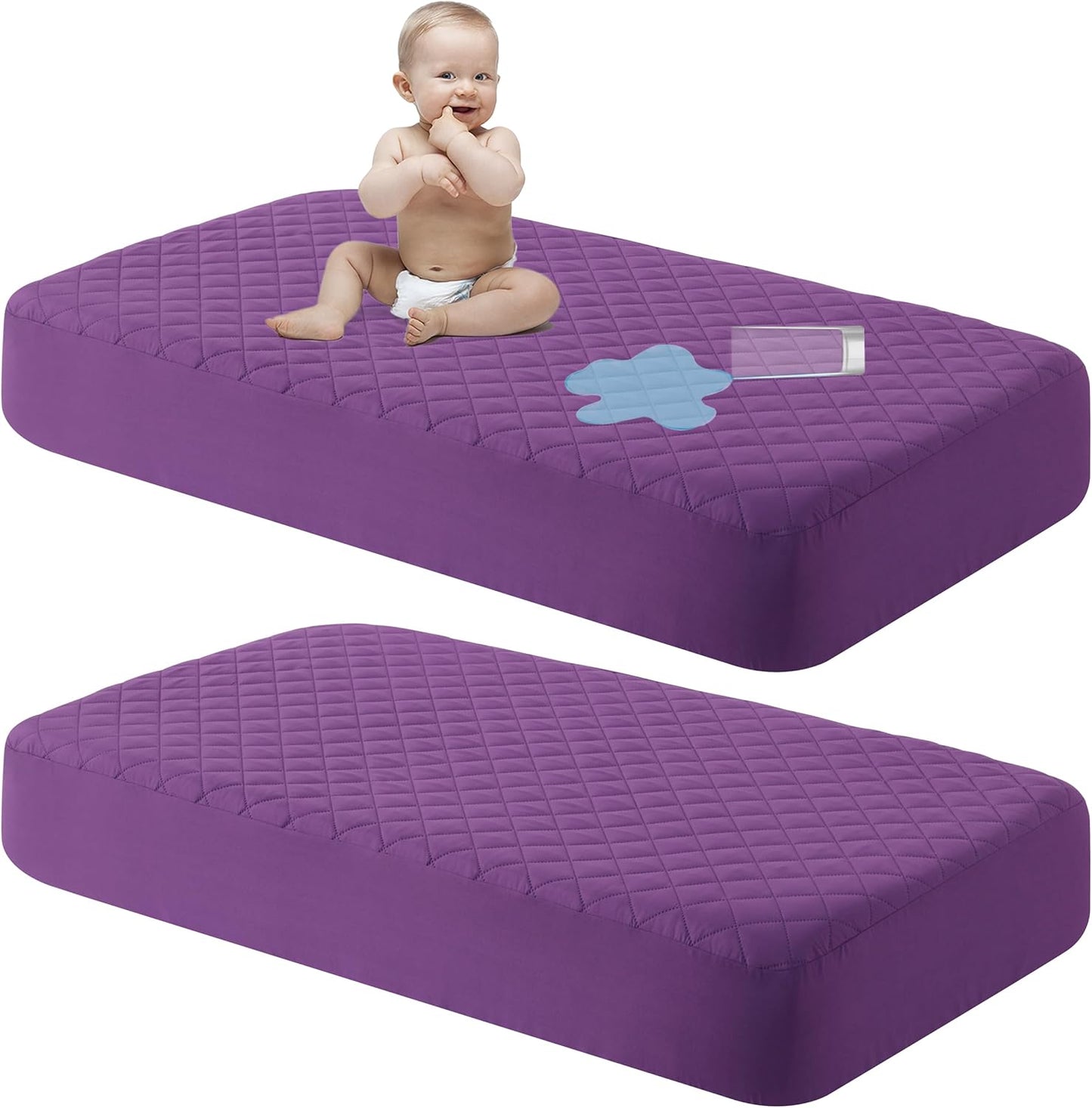 NTBAY 2 Pack Waterproof Crib Mattress Protector, Quilted 28"x52" Toddler Fitted Sheet - Machine Washable - Soft and Breathable Mattress Pad Cover for Crib, Nursery, Daycare, Cot, Purple