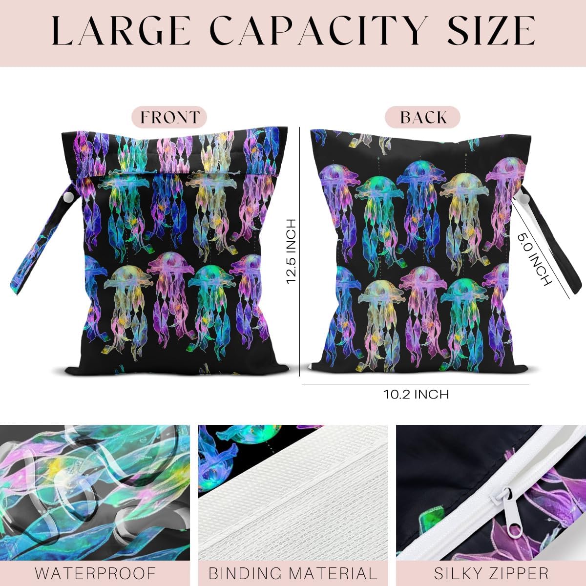 Waterproof Wet Bag for Swimsuit, Travel Beach Wet Dry Bag, Hidden Zipper Reusable Jellyfish Wet Bags, for Travel Beach Wet Swimsuits Toiletries Diapers Dirty Gym Clothes Laundry Bag