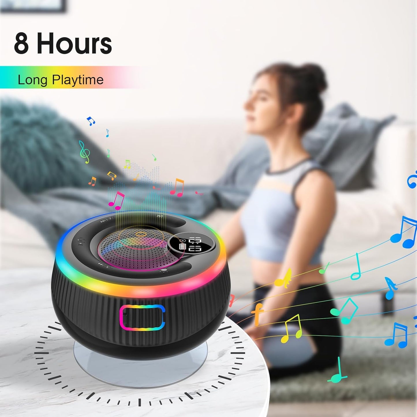 Bluetooth Speaker, HD Stereo Sound Shower Speaker, IPX7 Waterproof, Digital Display Portable with Suction Cup, LED Light, Small Wireless for Outdoor Party Beach Bathroom, Black