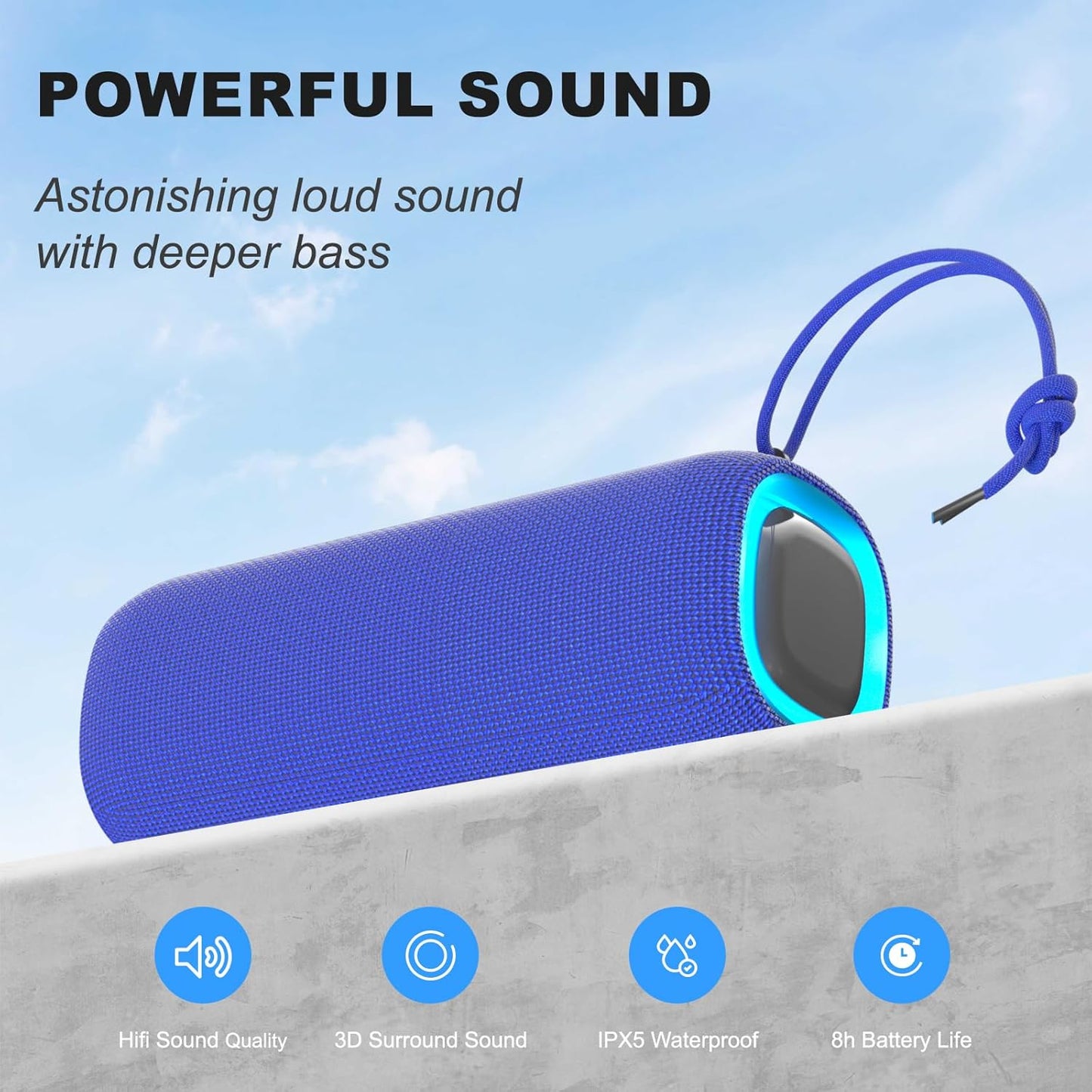 Bluetooth Speaker, Portable Wireless Clear Loud Stereo Sound IPX5 Waterproof with RGB Lights BT5.3 Long Playtime TWS Pairing,for Home Party Outdoor Beach,Great Gift Choice (Blue)