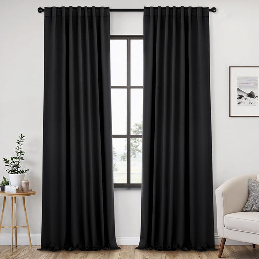 ANRODUO Back Tab Blackout Curtains for Bedroom Living Room, Rod Pocket Pinch Pleated Thermal Insulated Room Darkening Curtains 108 Inches Long 2 Panels, Black, 52 x 108 Inch