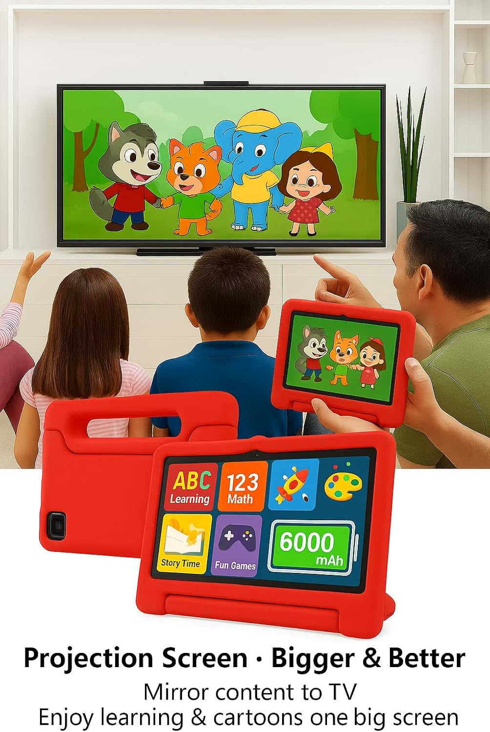 10.1 Inch Kids Tablet with Shockproof Case | Android 14, 64GB+8GB RAM, 12H Battery | Parental Control, Google Kids Space & Preloaded Educational Apps | WiFi 6, HD Display, Ages 3-12