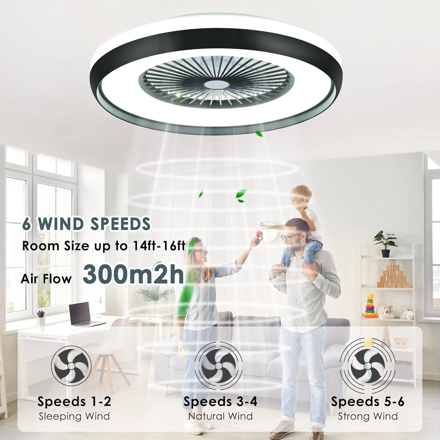 24" Bladeless Ceiling Fan with Light Remote, Smart LED Ceiling Fans with App Control, Modern Low Profile Dimmable Light Ceiling Fan for Bedroom Living Room Black