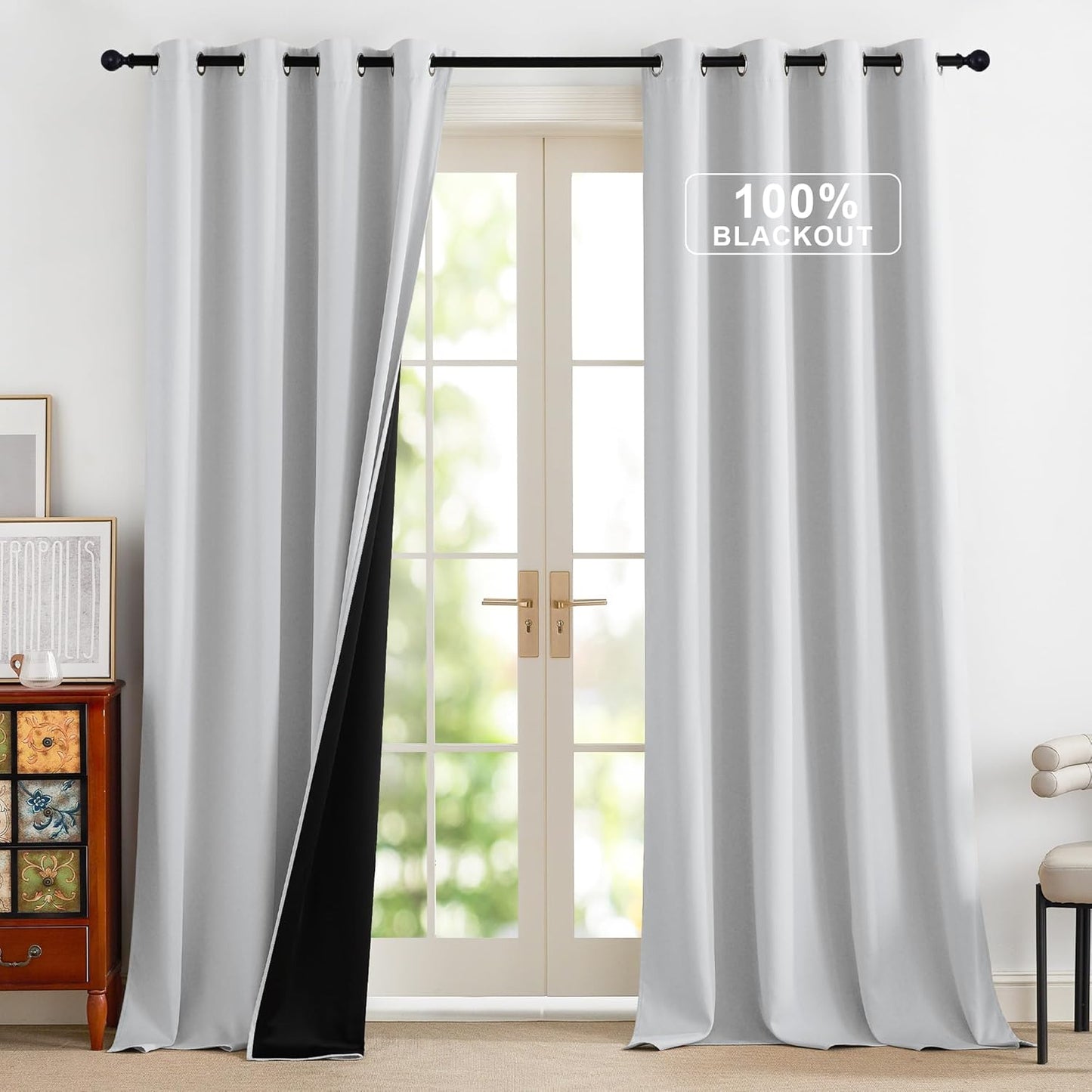 NICETOWN 100% Blackout Curtains 96 inches Long for Bedroom - Grommet Privacy Window Treatment Drapery Thermal Insulated Curtains for Living Room, 1 Pair, 52" W x 96" L, Greyish White