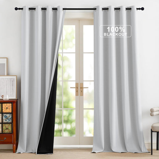 NICETOWN 100% Blackout Curtains 96 inches Long for Bedroom - Grommet Privacy Window Treatment Drapery Thermal Insulated Curtains for Living Room, 1 Pair, 52" W x 96" L, Greyish White
