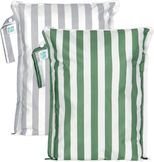 Bumkins - Waterproof Wet Bag - For Baby, Travel, Swim Suit, Cloth Diapers, Pump Parts, Pool, Gym, Toiletry, Strap to Stroller - Reusable & Easy to Clean - 2pk - Gray & Green Stripe