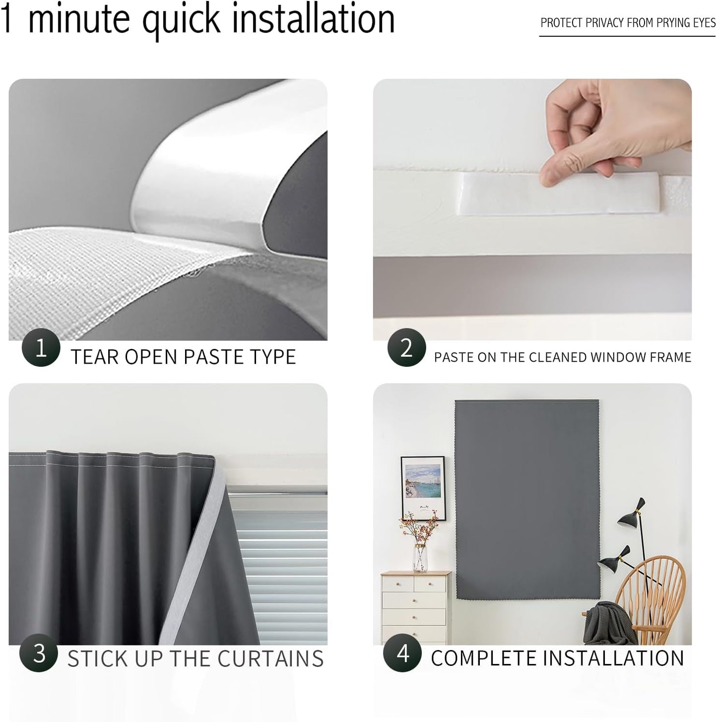 Magic Tape Stick On Curtains Window Shades Pull Down Blackout Window Cover Blackout Curtains for Bedroom No Drillng Self Adhesive Curtains No Rod Small Curtain, 59" W X 71" L, Grey, 1 Panel