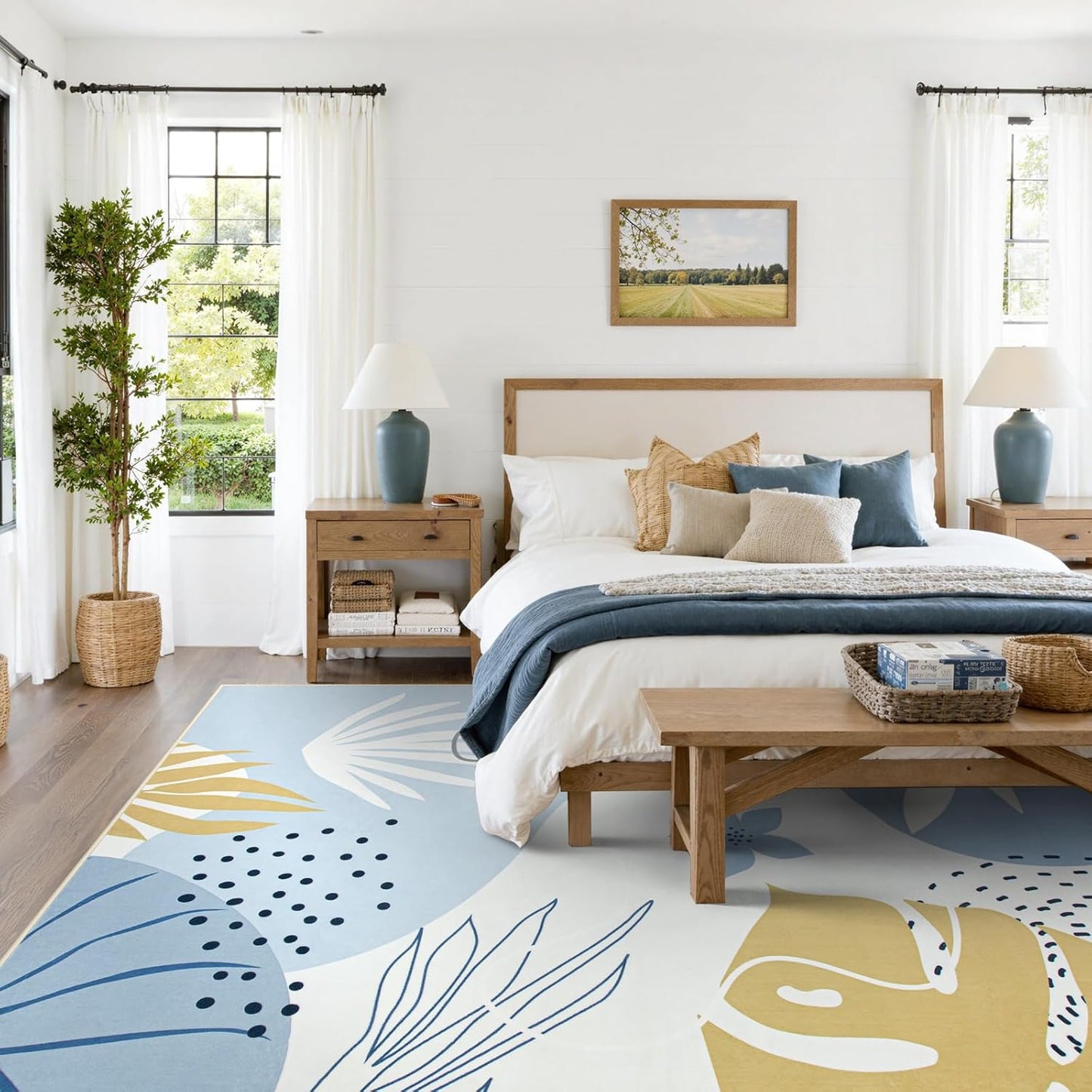 Lahome 9x12 Rugs for Living Room, Washable Non-Slip Ultra-Thin Larege Area Rug for Dining Room Table, Boho Botanical Print Indoor Soft Carpet for Bedroom Office, Blue