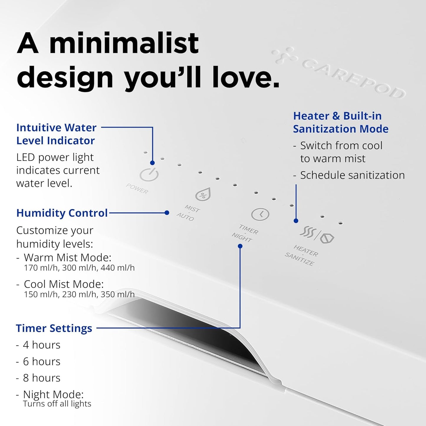 Carepod Cube Plus X50V Stainless Steel Humidifier - Easy to Clean, 3 Mist Level settings, Auto-Humidity & Auto Shut-Off Feature, One Touch Built-in Sanitization, No Filters, Lasts 32Hrs (1.1Gal/4.2L)