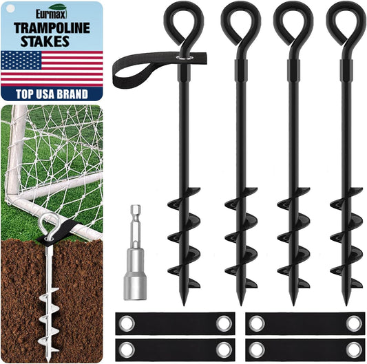 Eurmax USA Trampoline Stakes Screw in Tent Stakes Parts Heavy Duty for Canopies,4-Pack Outdoor Anchor Kit with Straps(Black)