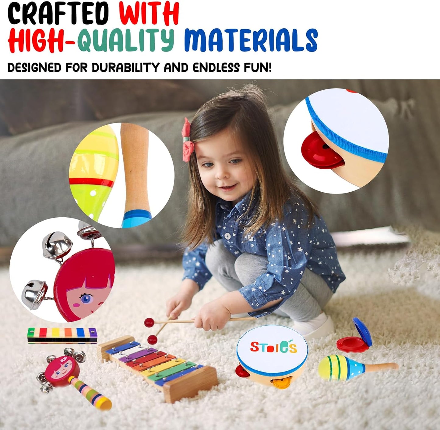 Stoie's Wooden Kids Musical Instruments for 1-5 Years Old, Baby Percussion Toys with Xylophone, Maracas, Tambourine, Durable, Safe to Play, Clear Loud Sound, Bright Rainbow Colors, Storage Backpack