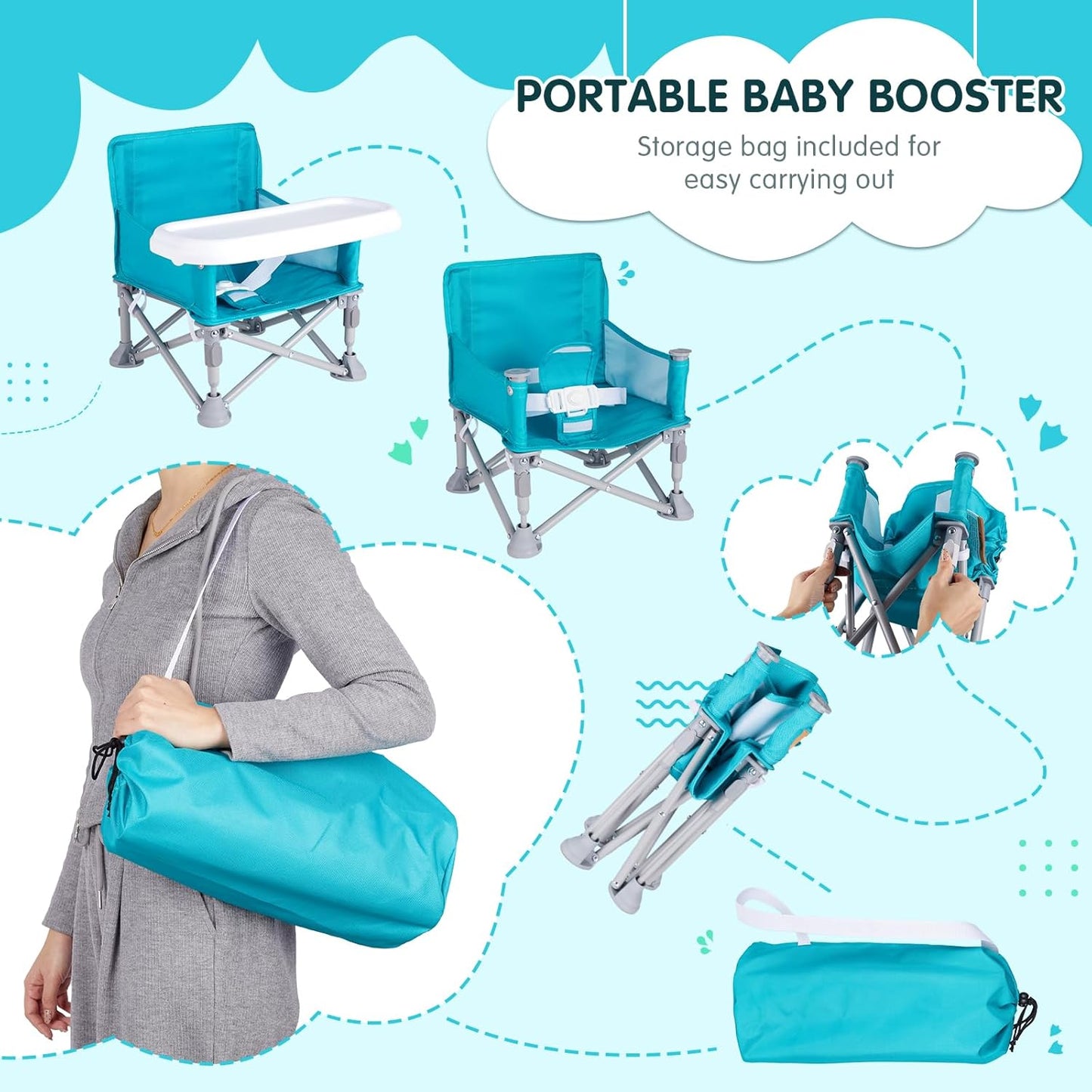 Portable Booster Seat, Toddler Baby Seat with Tray for Dining Table Compact Floor Chair for Camping Lawn Beach Babies Travel 6-36 Months