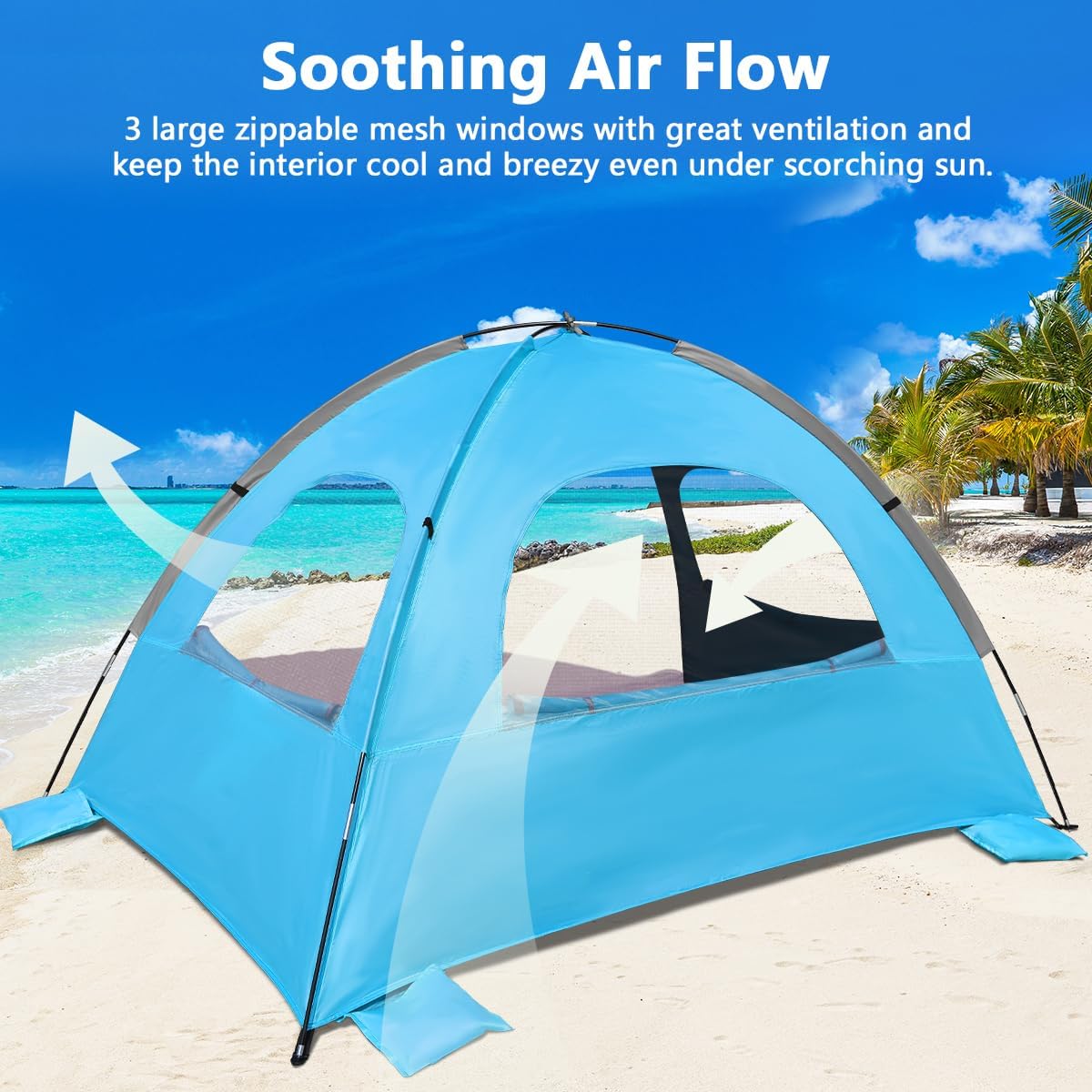 NXONE Beach Tent Sun Shade Shelter for 3/4/6 Person Person with UV Protection, Extended Floor, 3 Mesh Roll Up Windows & 8.0/8.5mm Fiberglass Rods丨Carry Bag Included