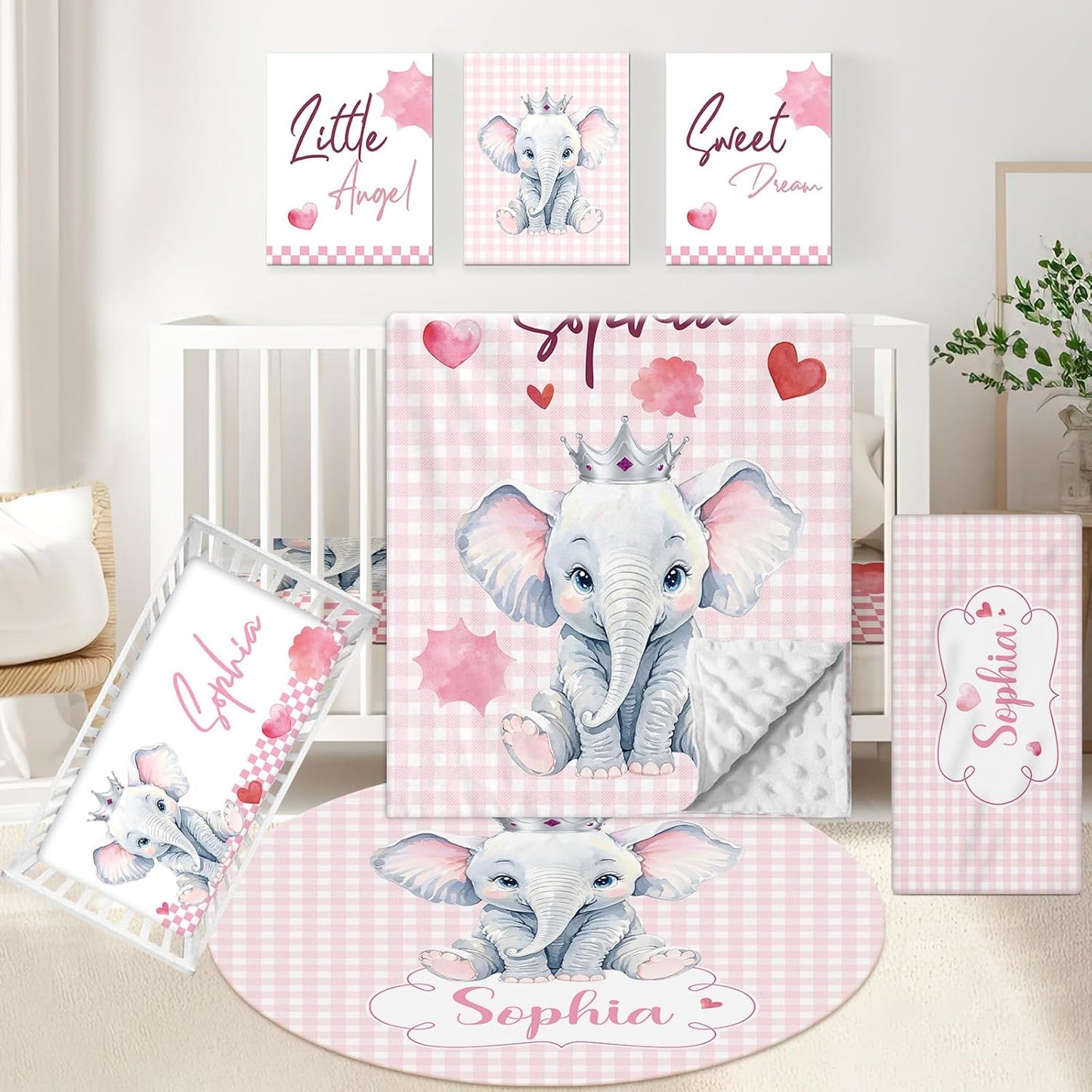 Personalized Baby Crib Set, 5 Pcs Custom with Name, Soft Elephant Crib Bedding, Double Layer Toddler Infant Bedding, New Parents Gifts