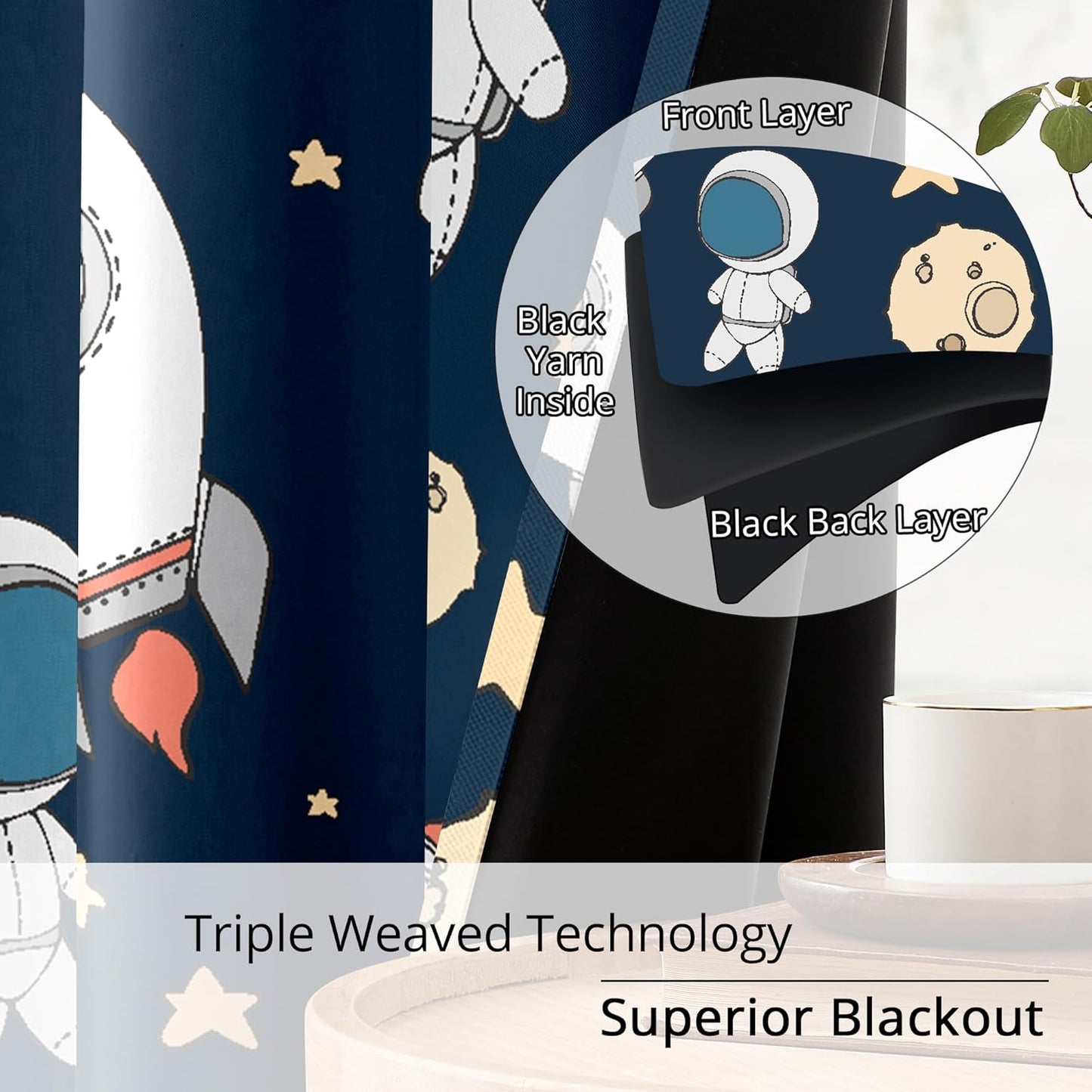 Kids Space Astronaut Planets Rockets Blackout Curtains - 100% Blackout, Thermal Insulated, Noise Reducing, for Kids Room and Nursery, 2 Panels (Astro Buddy Rockets, W52×L63)