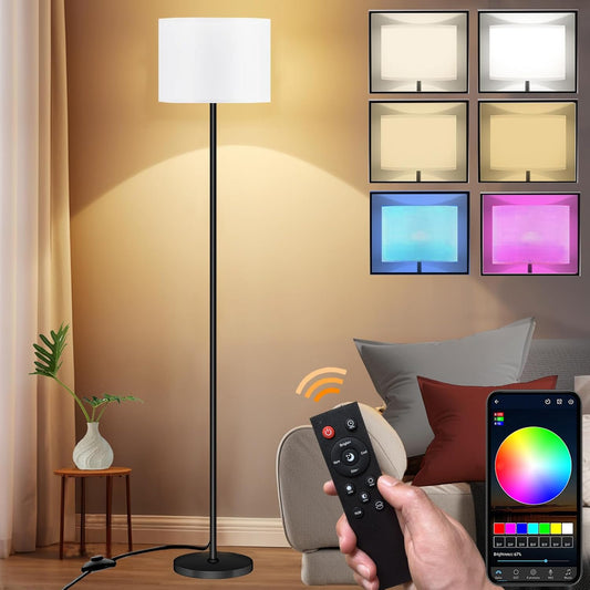 Smart LED Floor Lamp with APP Control & RGB Colors - Dimmable Standing Lamp for Living Room, Bedroom, Gaming - Remote, Timer, 9W Bulb Included, 60.6" Modern Tall Lamp (White)