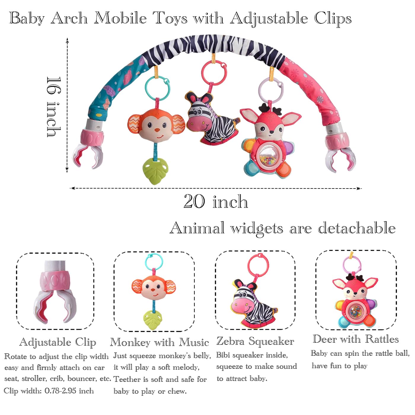 Baby Stroller Arch Toys, Crib Mobile for Infants Adjustable Bassinet Mobile with Universal Clamps, Activity Toy Bar for Bouncer Newborn Car Seat Stroller Sense Toy for Baby 0-12 Months