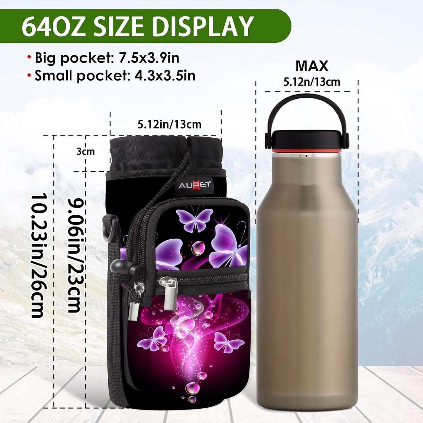 AUPET Water Bottle Sling Bag Sleeve Holder Carrier 25/32/40/64 oz,Insulated Crossbody Water Bottle Case Cover with Strap and Pockets for Men/Women Walking Hiking