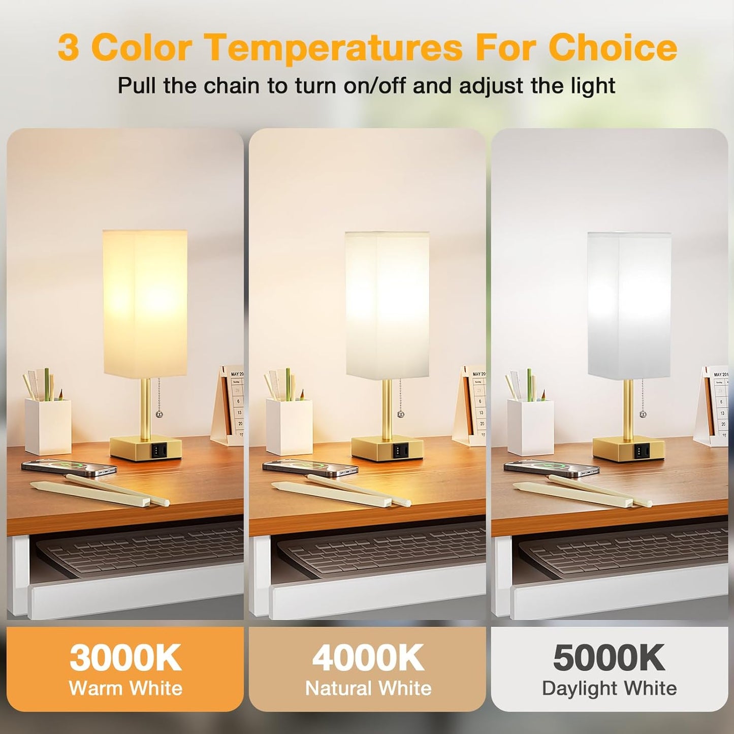 aooshine White Small Table Lamp for Bedroom - 3 Color Temperature 3000K 5000K 4000K Bedside Lamp, Pull Chain Control, USB A and C Ports, Pure Gold Color Base, Bulb Included