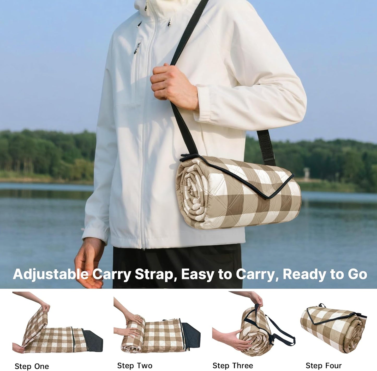 TigeJoy Extra Large Picnic Blanket Waterproof Foldable 60''x80'', Outdoor Picnic Mat Beach Blanket Sandproof for Park, Grass, Travel, Hiking, Camping Essentials, Gingham Picnic Blanket