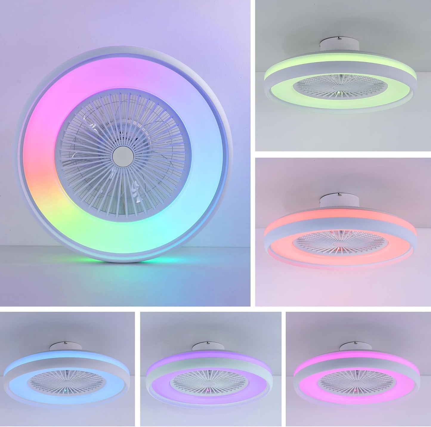 24" Bladeless Ceiling Fan with RGB Light Remote, Smart LED Ceiling Fans with Voice/App Control, Modern Low Profile Dimmable Light Ceiling Fan for Bedroom Living Room White