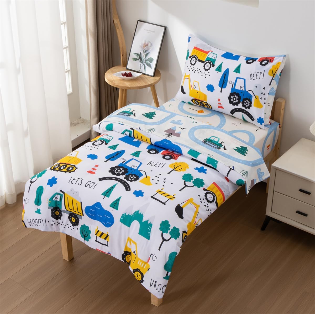 NTBED 4 Pieces Construction Toddler Bedding Set for Baby Boys,Tree Truck Vehicles Excavator Cars Printed, Includes Comforter, Flat Sheet, Fitted Sheet and Pillowcase,Blue