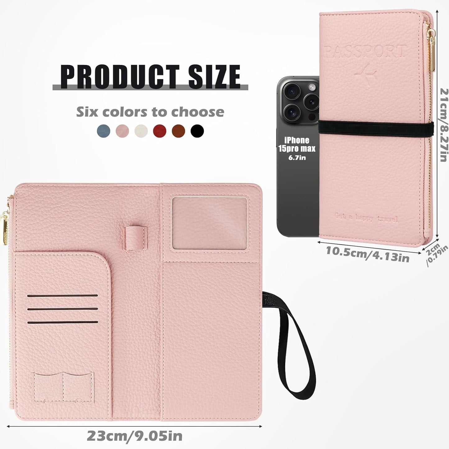 Travel Passport Wallet, RFID Blocking Passport Holder with Zipper, Passport Cover for Women Men, PU Leather Travel Document Organizer with Card Slots, Gift for Family Friends, Pink