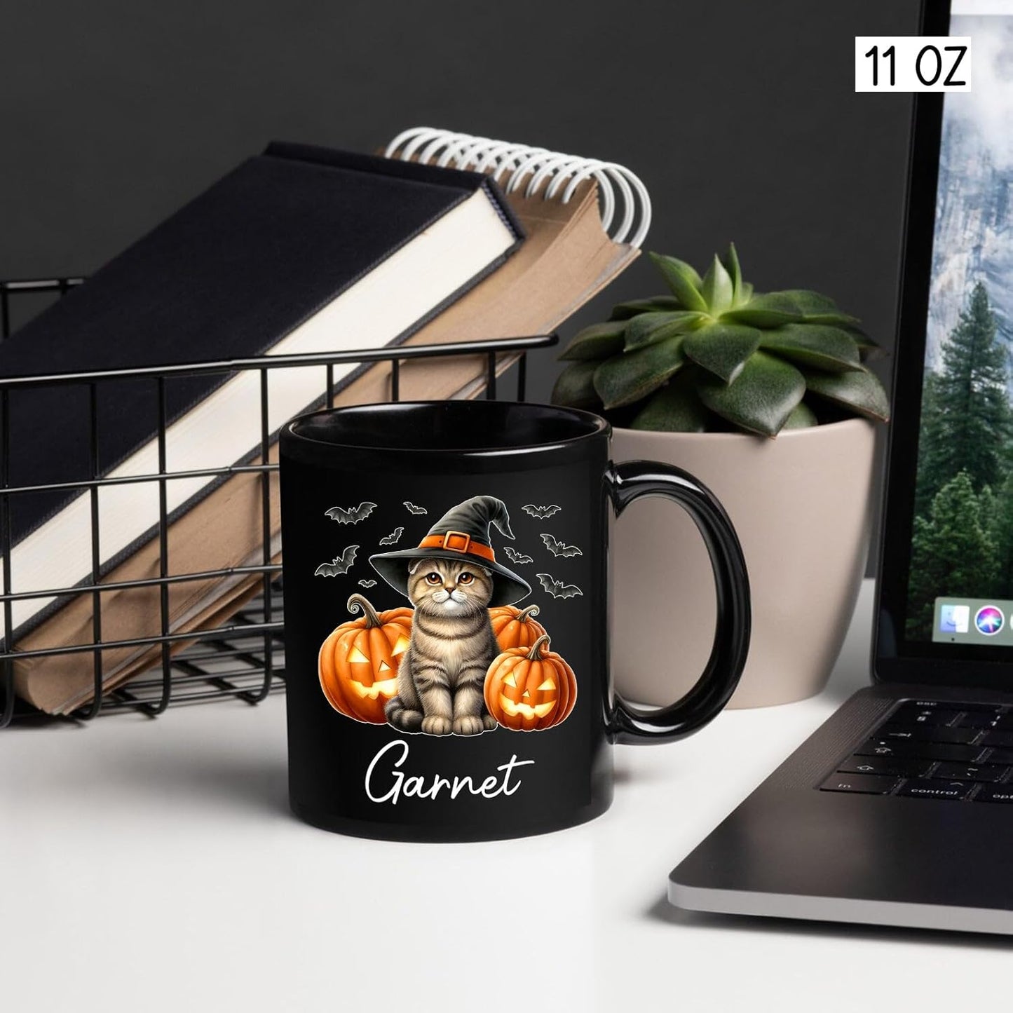 Personalized Name Scottish Fold Halloween Ceramic Mug, Custom Scottish Fold with Pumpkins Coffee Cup, Cat Wearing Witch Hat Cup Gift for Family Friend, Halloween Cat Pet Black Mug 11oz 15oz