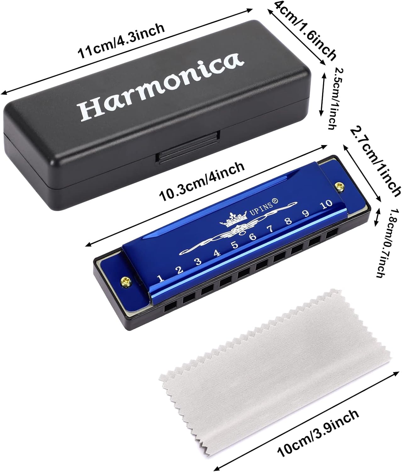 UPINS Harmonica, 4PCS Key of C Blues 10 Hole 20 Tones Titanium Color Harmonica with Case Cleaning Cloth for Beginner Students Kids (Blue)
