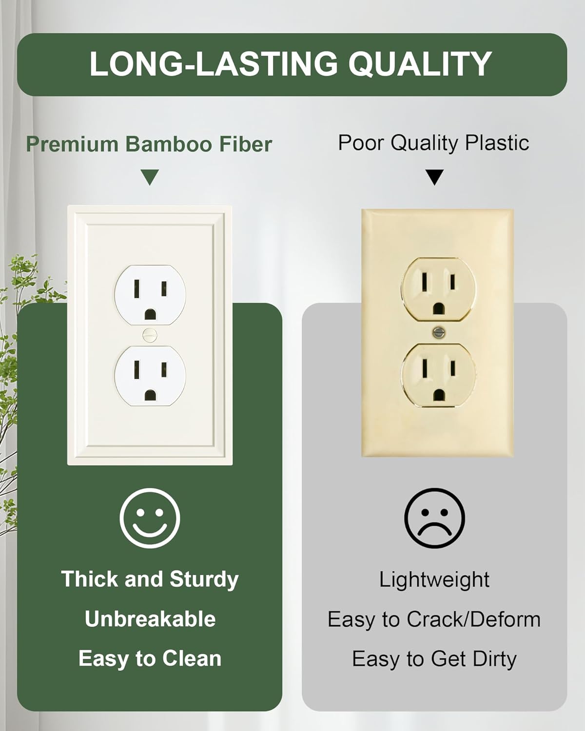 4-Pack Duplex Outlet Cover, Natural Bamboo Fiber Switch Plates and Outlet Covers, Light Almond Decorative Wall Plates for Electrical Outlets, 1 Gang Receptacle Cover, Corrosion Resistant